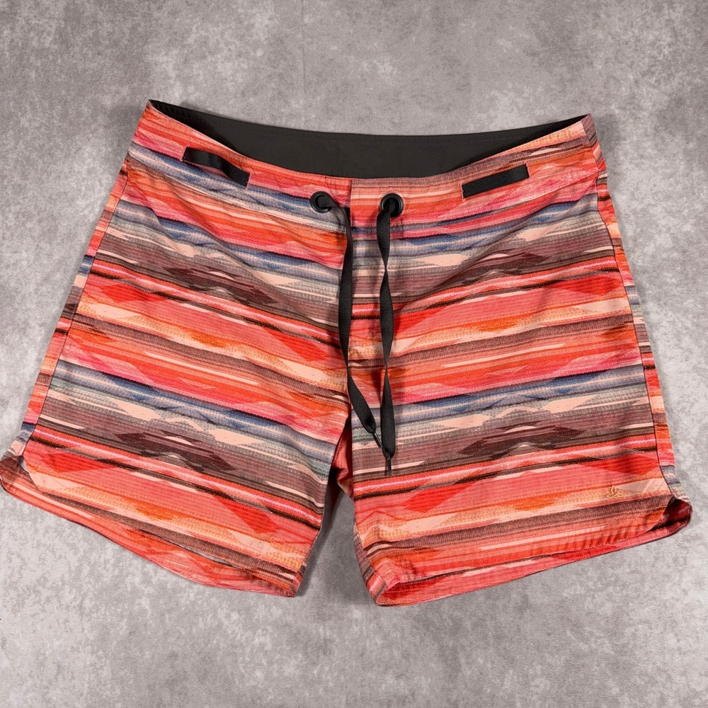 Prana High Seas Board Shorts Recycled Stretch Striped Swim Trunks L Orange Pink